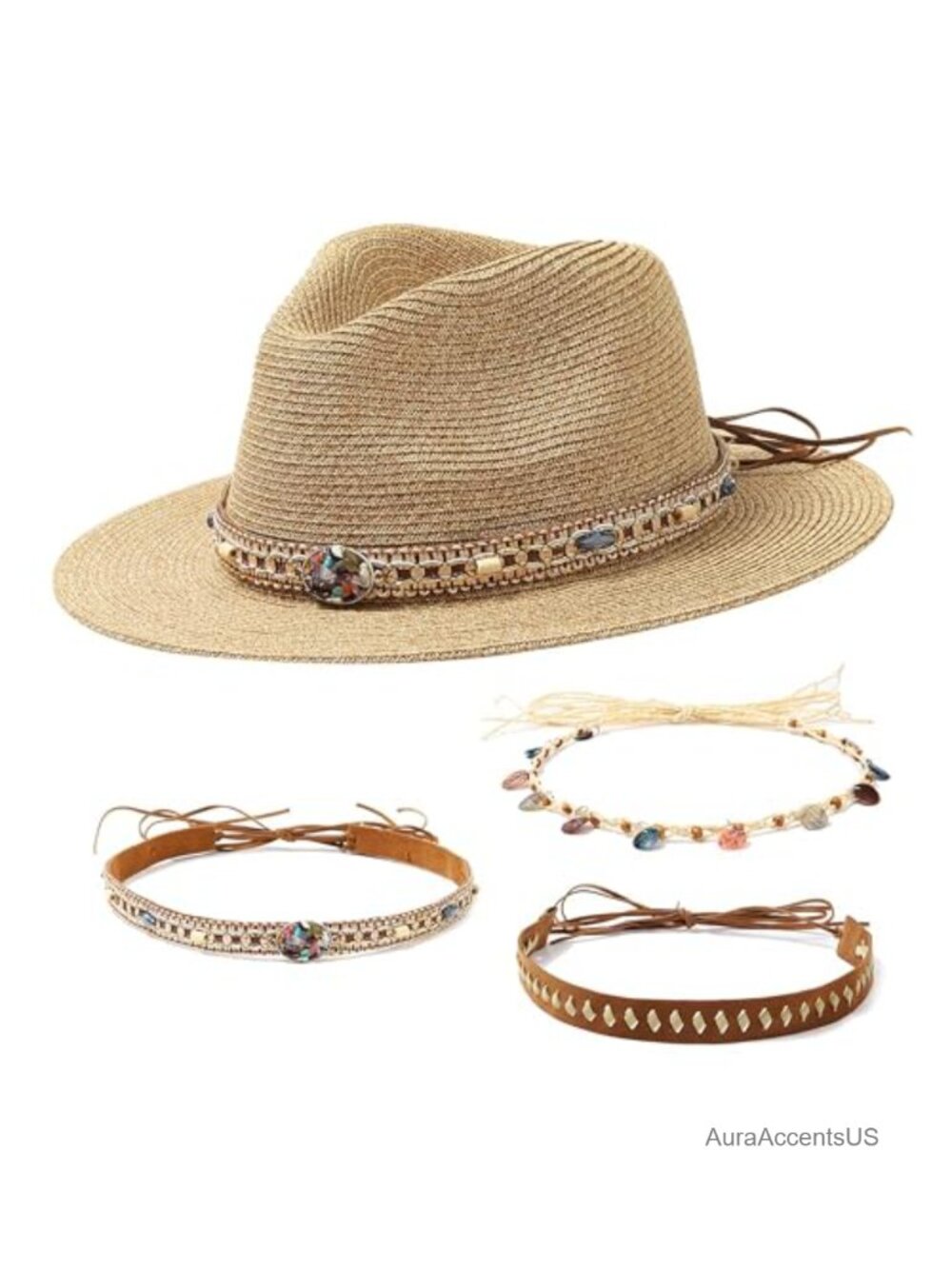 Western Straw Cowboy Hat Wide Brim Sun Hat 3 Beaded Bands Adjustable